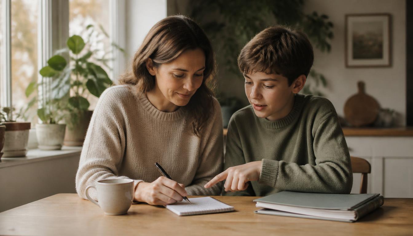 Mutter und Sohn sitzen am Küchentisch und schreiben gemeinsam Fragen für den Elternsprechtag auf