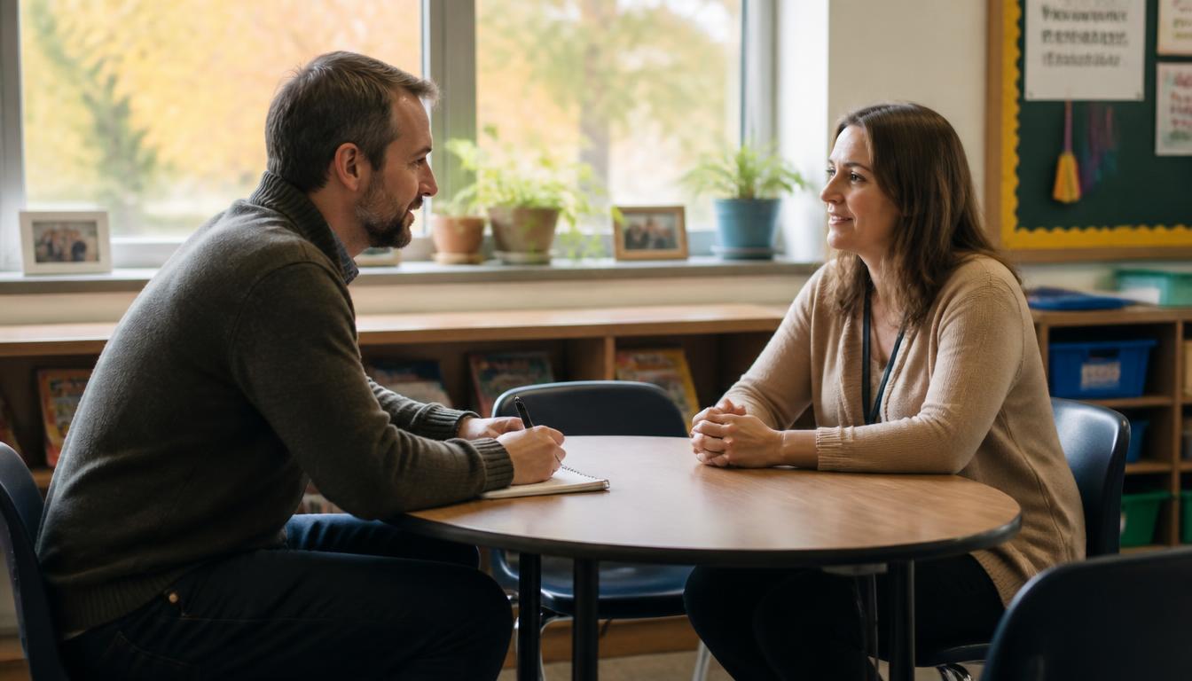 Ein Vater und eine Lehrerin im Gespräch an einem Tisch im Klassenzimmer, der Vater macht sich Notizen