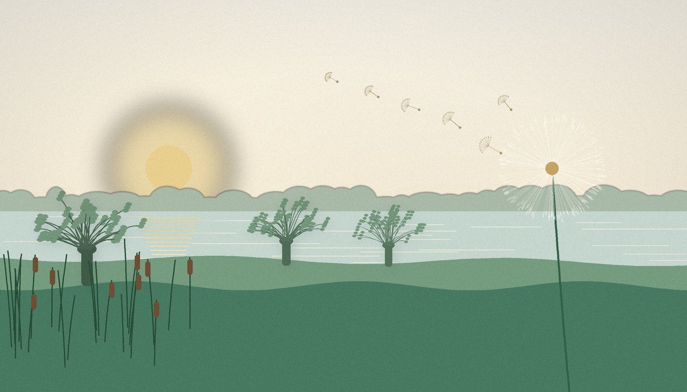 Illustration einer Seenlandschaft am Niederrhein mit Kopfweiden, Schilf und einer Pusteblume